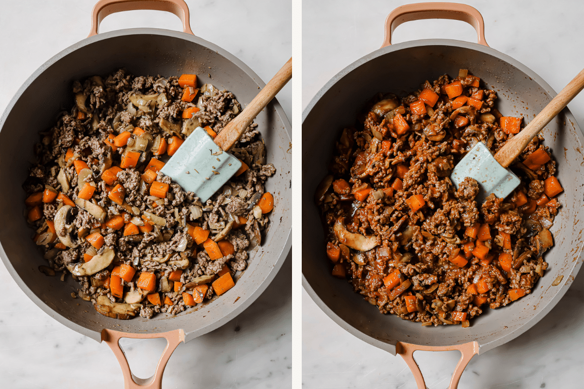 Left: filling cooking in a skillet. Right: filling with the tomato sauce added.