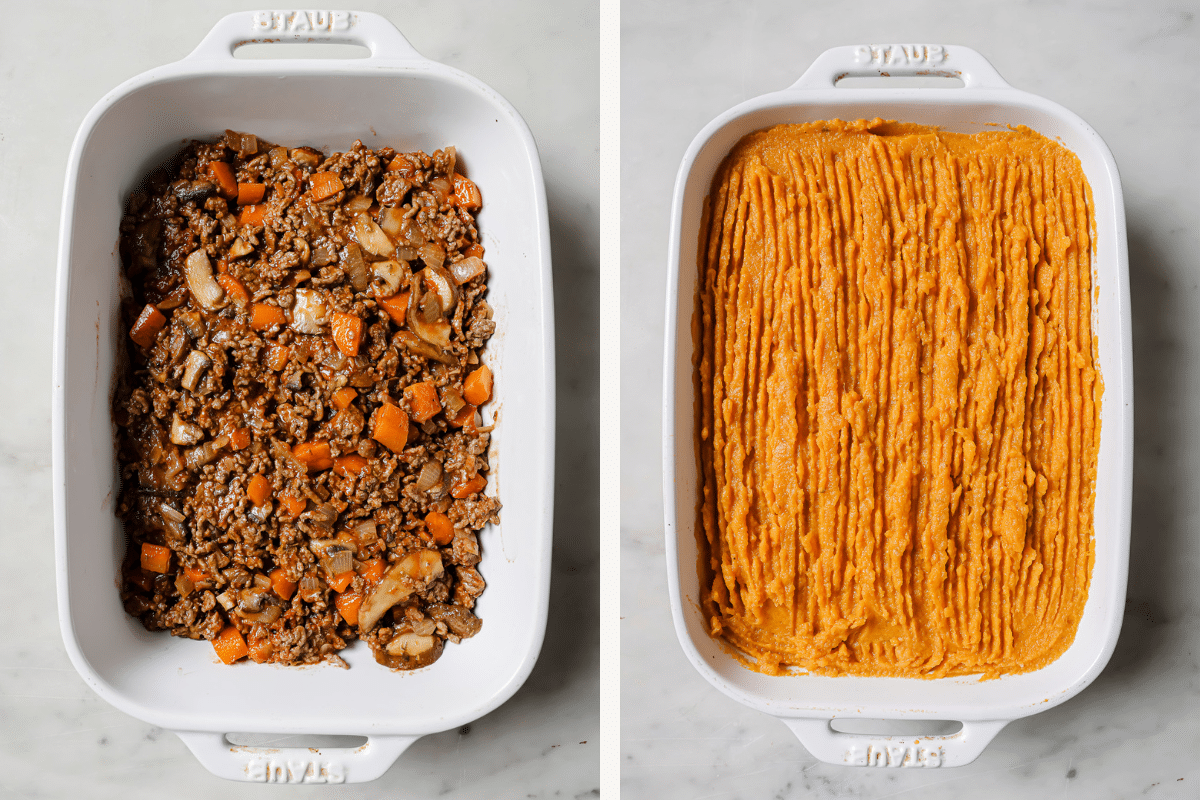 Left: the meat layer in a casserole dish. Right: mashed sweet potatoes added on top. 