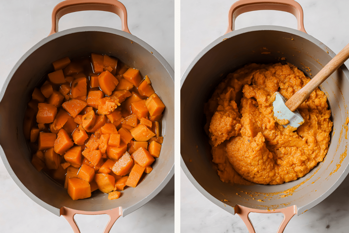Left: cubed sweet potatoes in a pot. Right: mashed sweet potatoes in a pot.