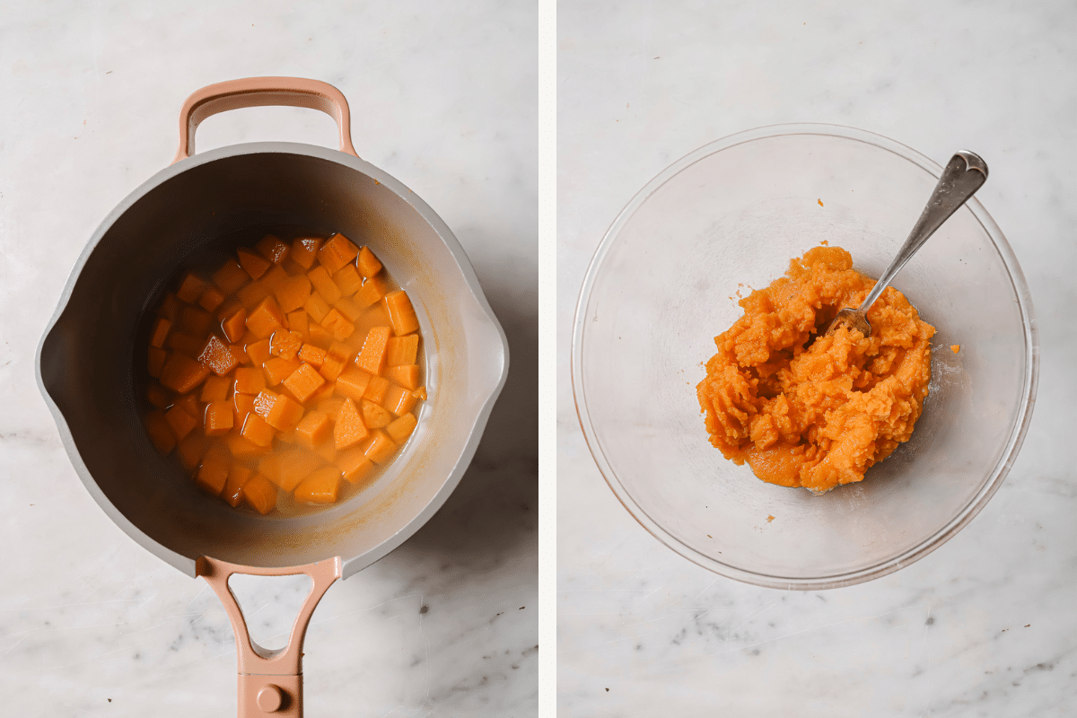 Left: diced sweet potatoes in a pot. Right: mashed sweet potatoes in a bowl. 