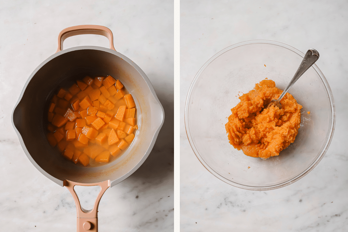 Left: diced sweet potatoes in a pot. Right: mashed sweet potatoes in a bowl.