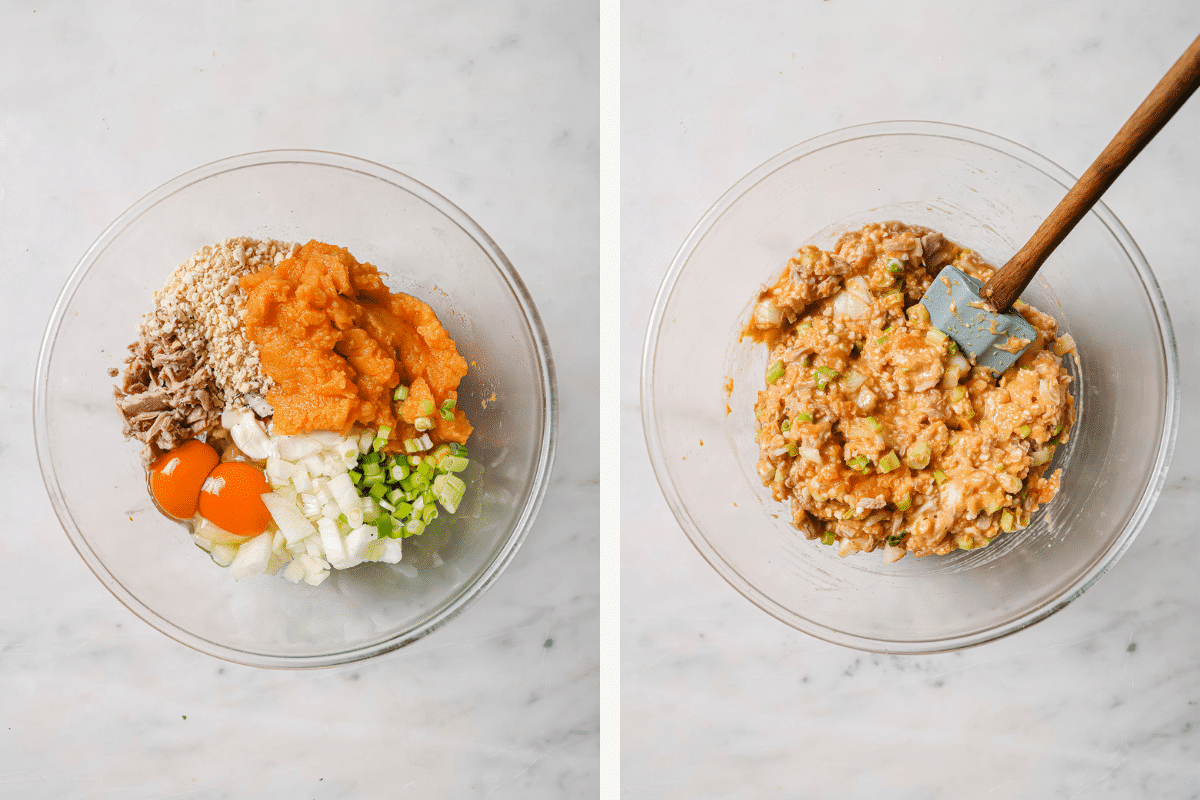 Left: ingredients in a glass bowl. Right: ingredients mixed together. 