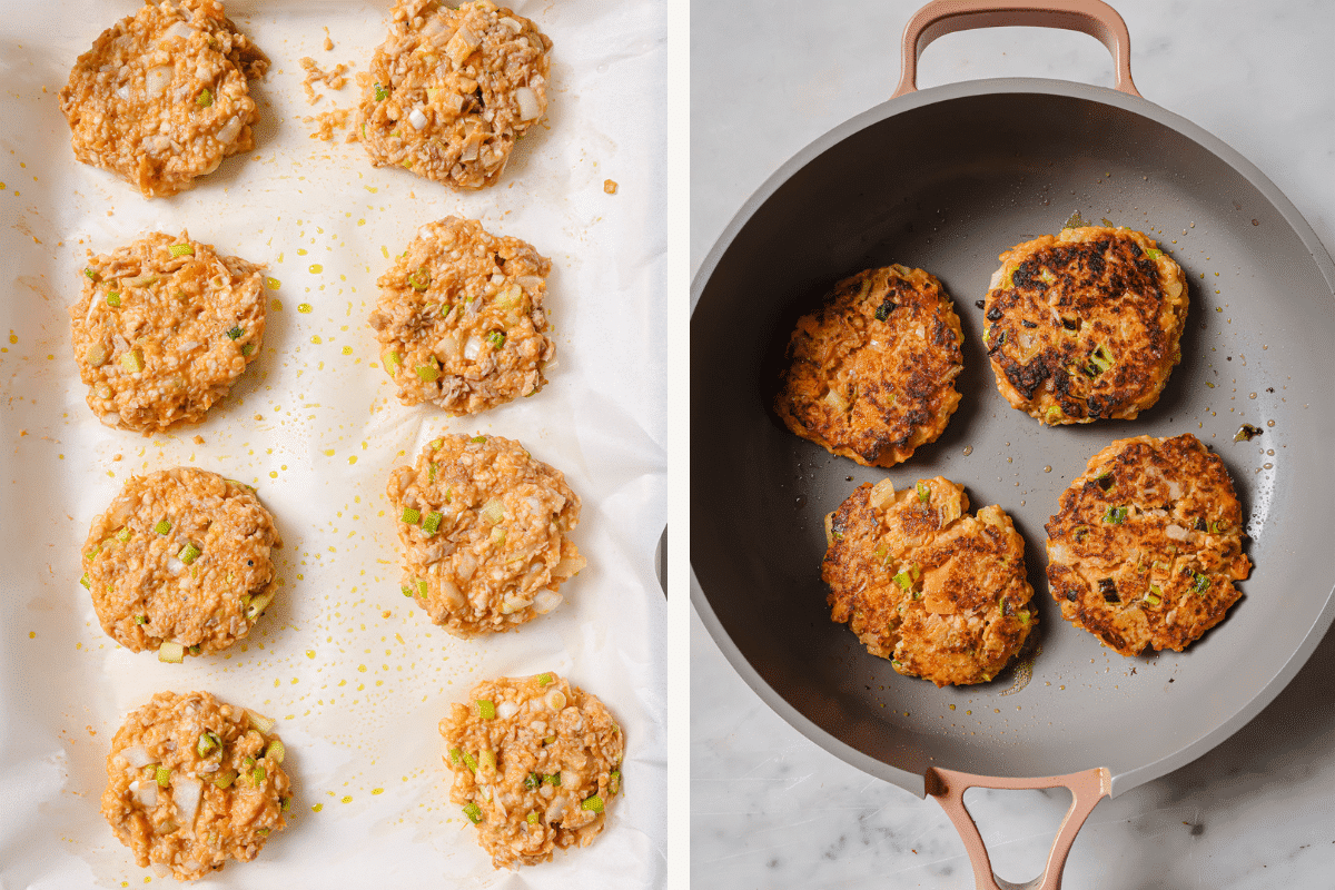 Left: shaped patties on parchment paper. Right: patties cooking in a skillet. 