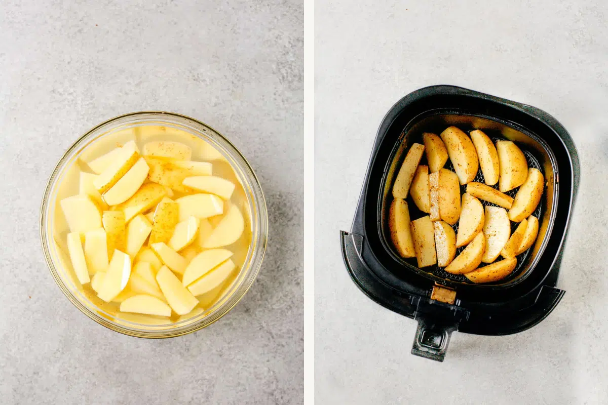 Left: a glass bowl with water and raw potatoes. Right: raw seasoned potatoes inside of an air fryer basket.