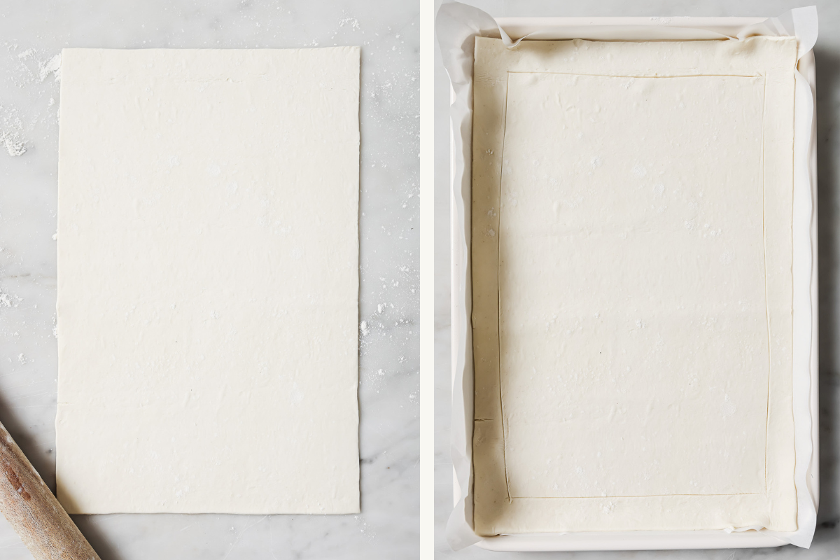 Left: puff pastry rolled out. Right: puff pastry on a baking sheet and scored. 