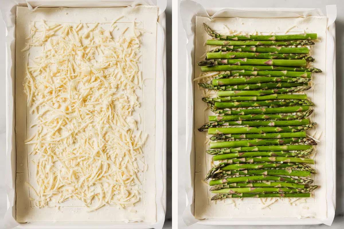 Left: shredded cheese sprinkled on the pastry. Right: asparagus added on top. 