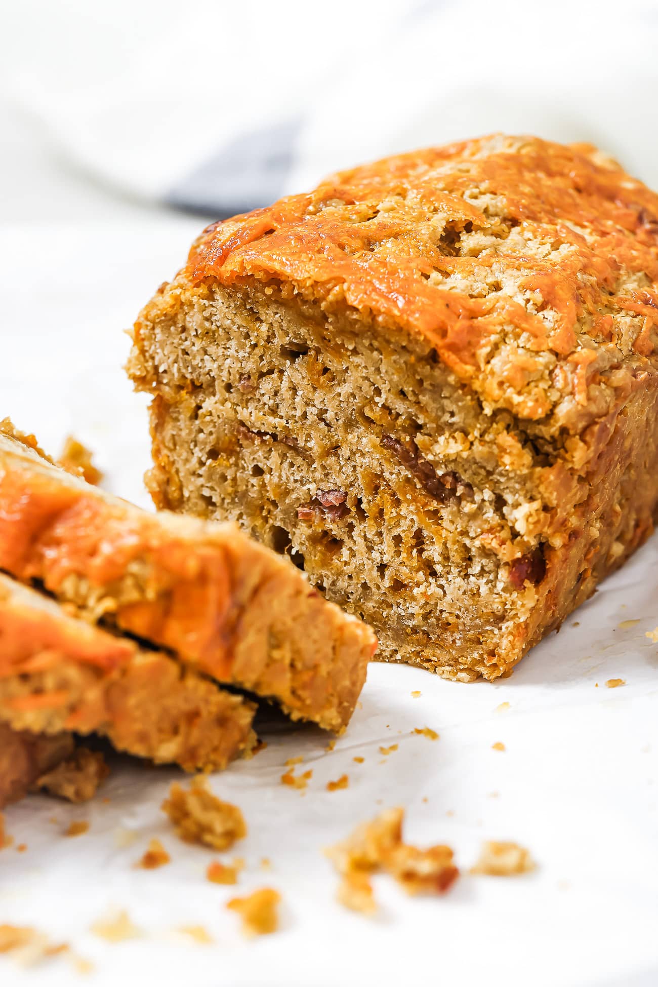 A close up of sliced beer bread.