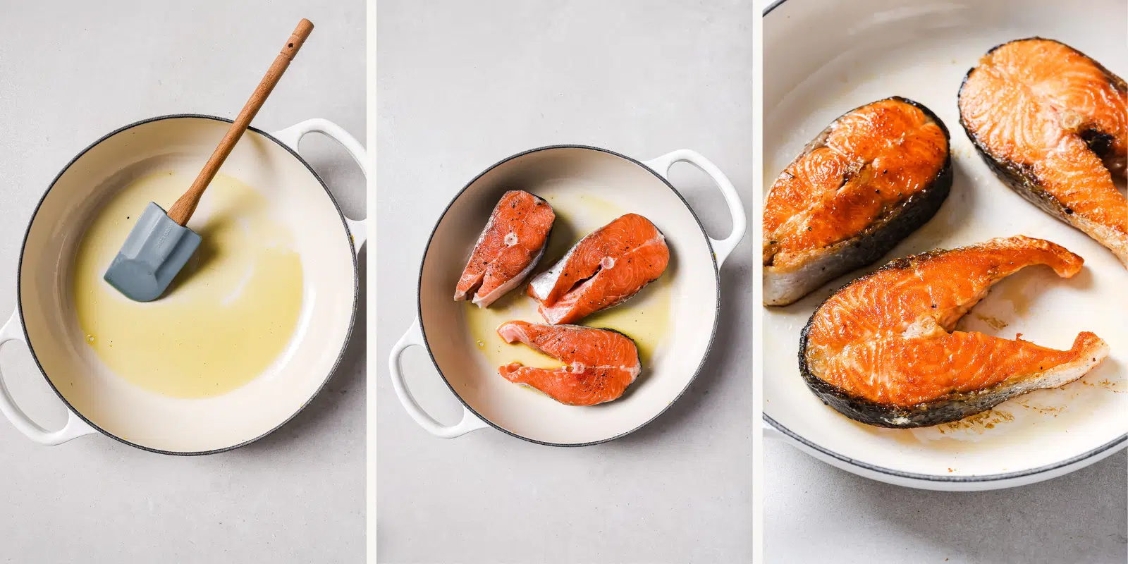Left: oil in a skillet. Center: salmon steaks cooking. Right: cooked salmon on a plate.