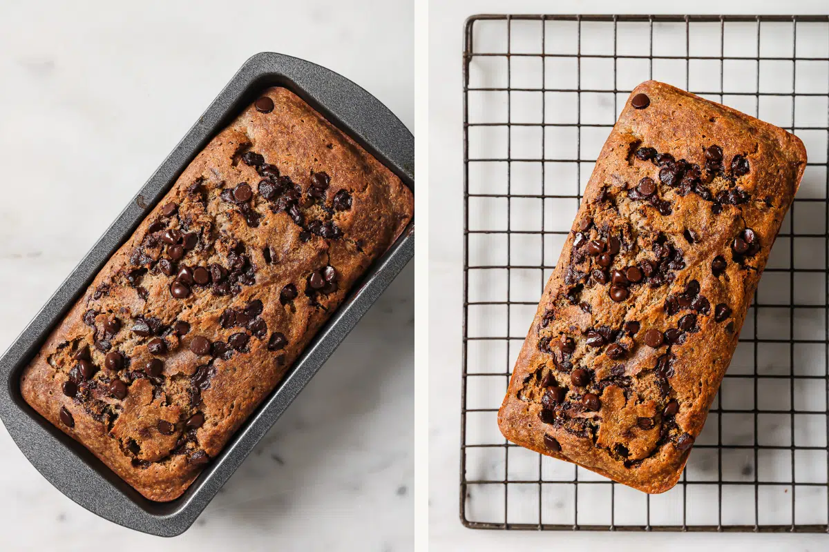 Left: cooked banana bread in a bread pan. Right: bread cooling on a wire rack. 