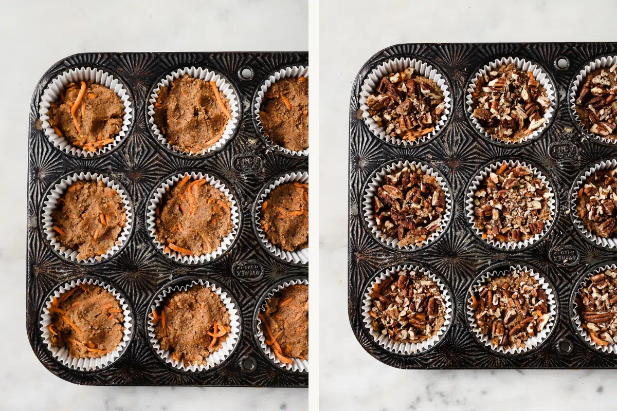 Left: batter in muffin liners. Right: pecans added on top. 