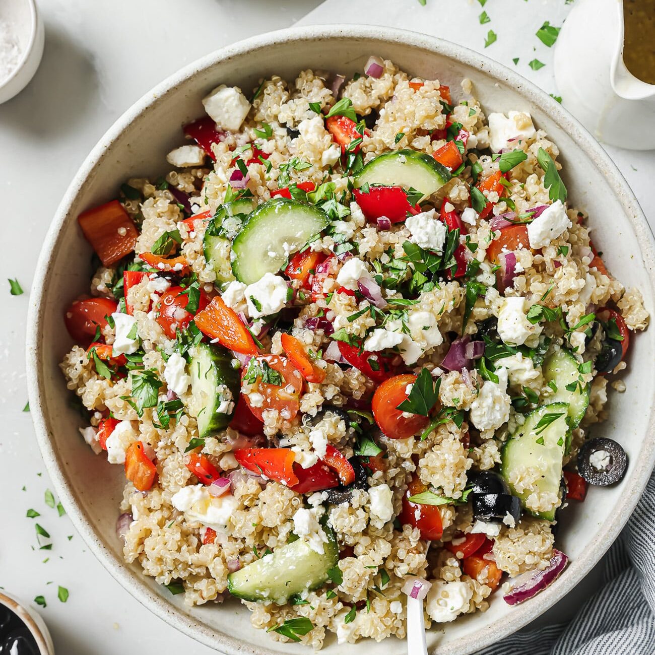 A bowl of Greek quinoa salad. 