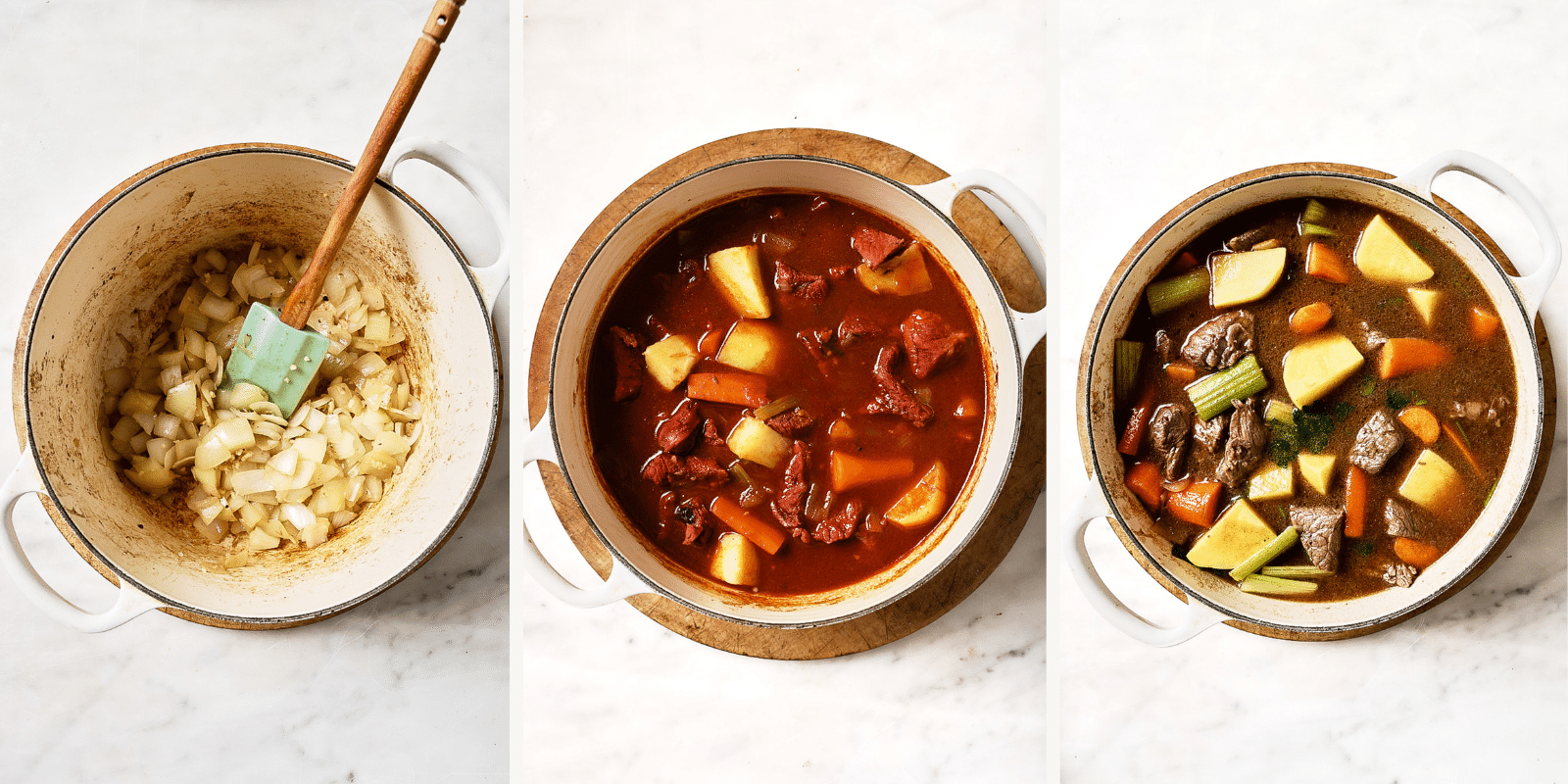 Left: sautéed onions in a pot. Center: all other ingredients added. Right: cooked stew.