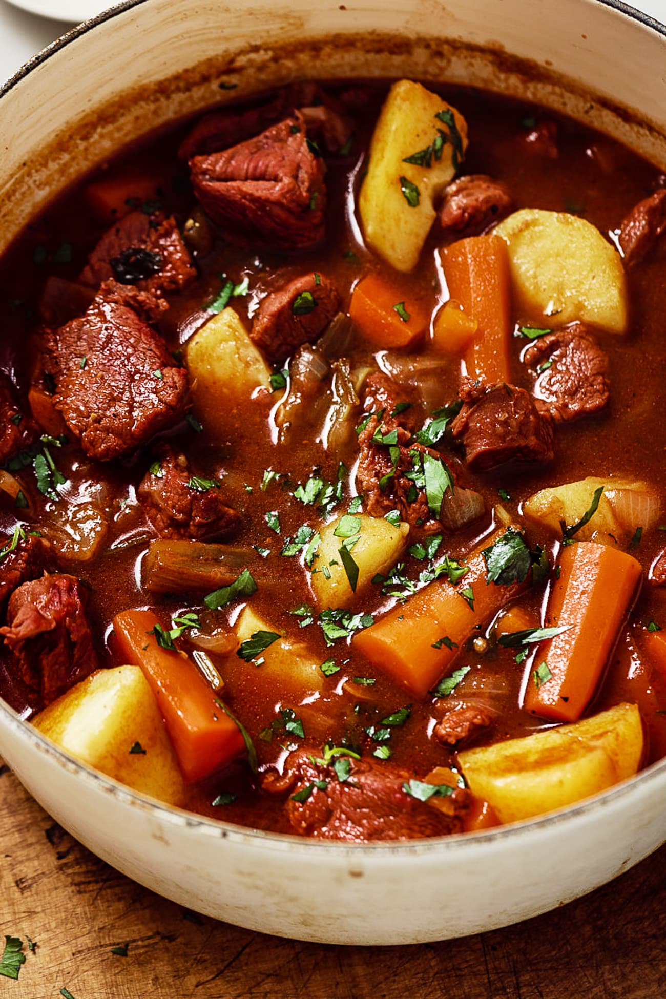 Close up of a bowl of Guinness beef stew. 