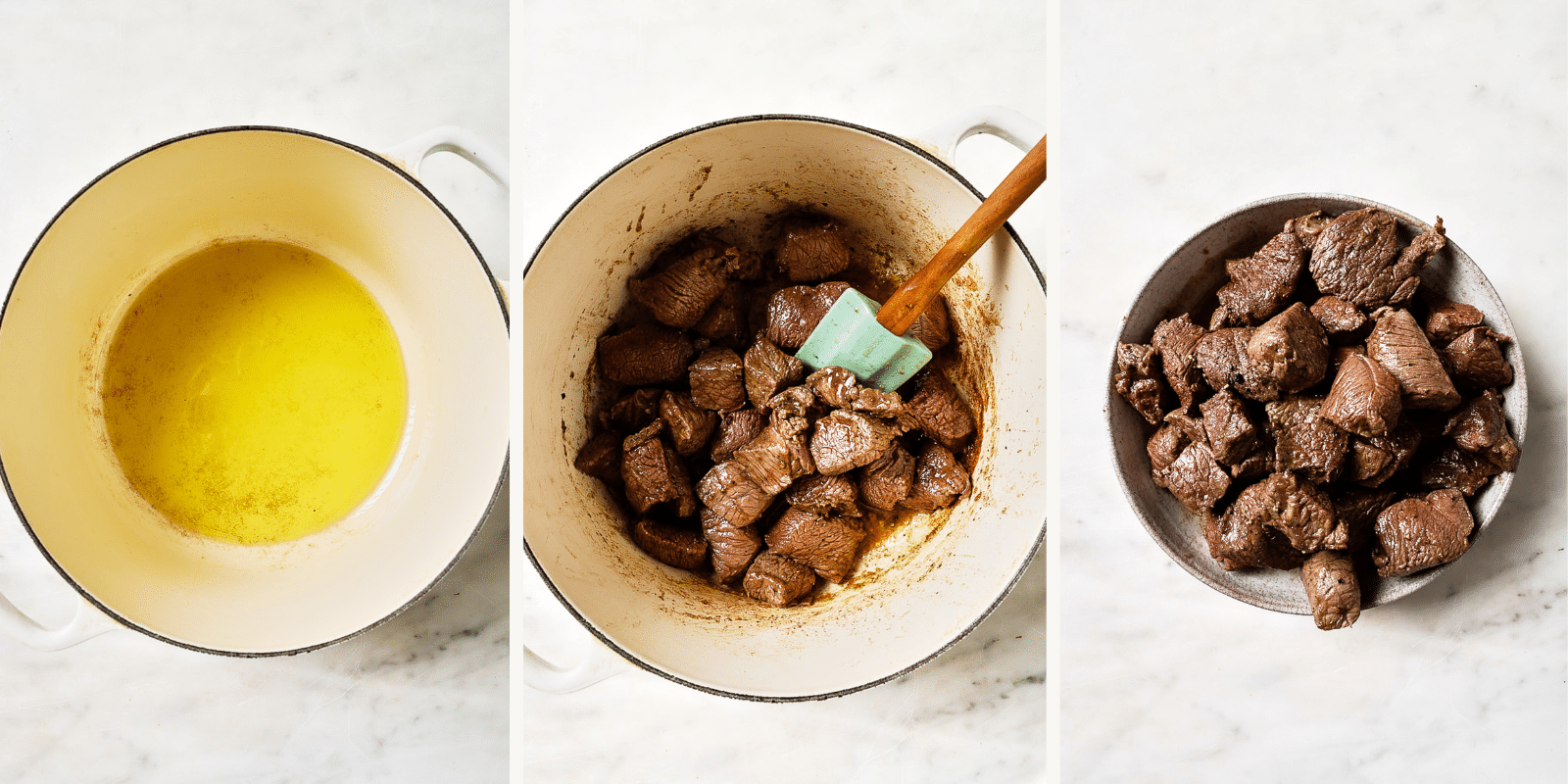 Left: oil in a pot. Center: Chuck roast cooking. Right: cooked chuck roast set aside. 