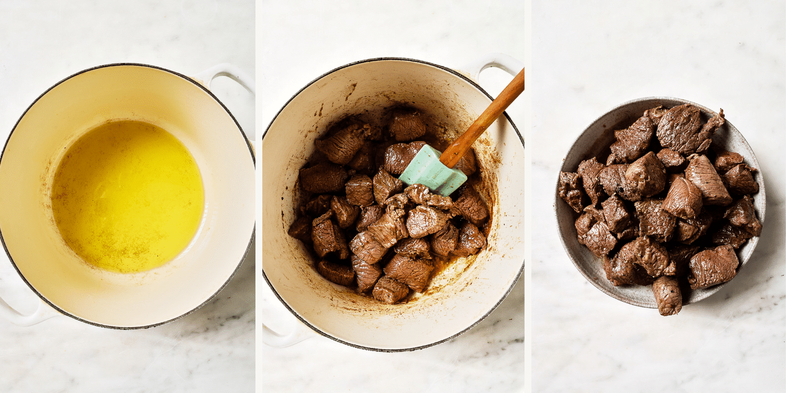 Left: oil in a pot. Center: Chuck roast cooking. Right: cooked chuck roast set aside.
