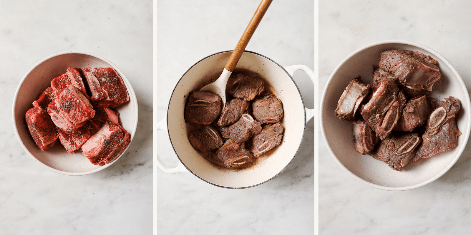Left: seasoned short ribs. Center: Ribs searing in Dutch oven. Left: cooked ribs in a bowl.
