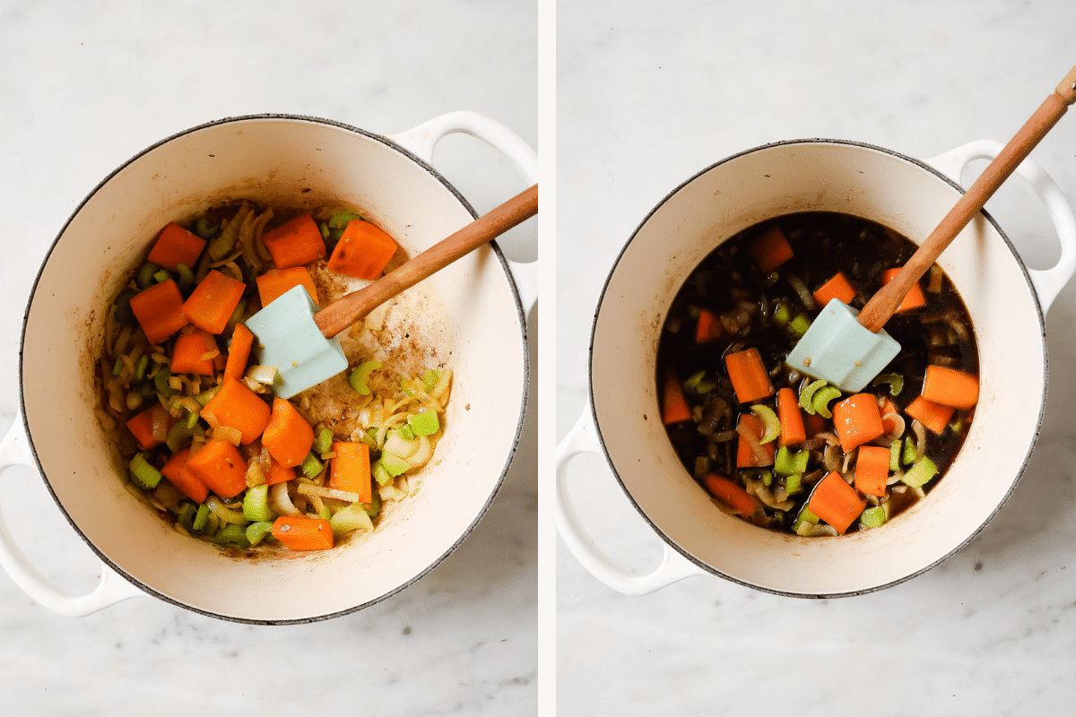 Left: vegetables sautéing in a pot. Right: Guinness beer added to the pot.