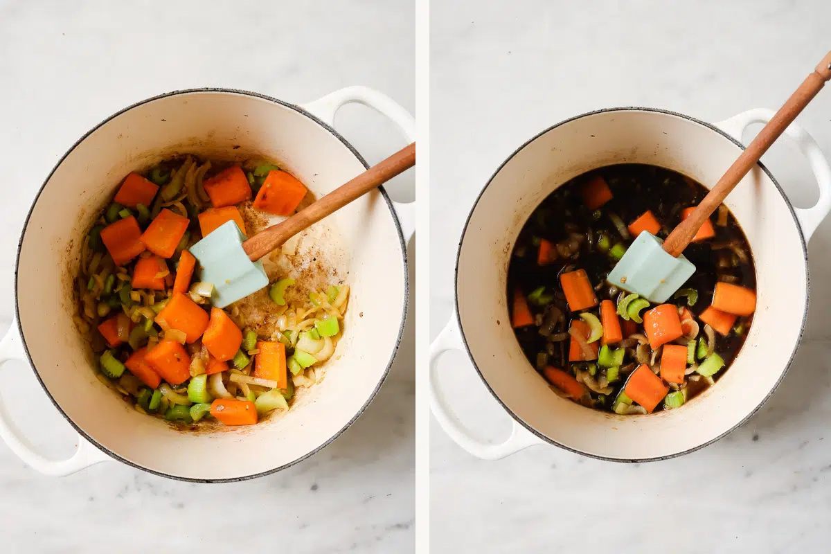 Left: vegetables sautéing in a pot. Right: Guinness beer added to the pot. 