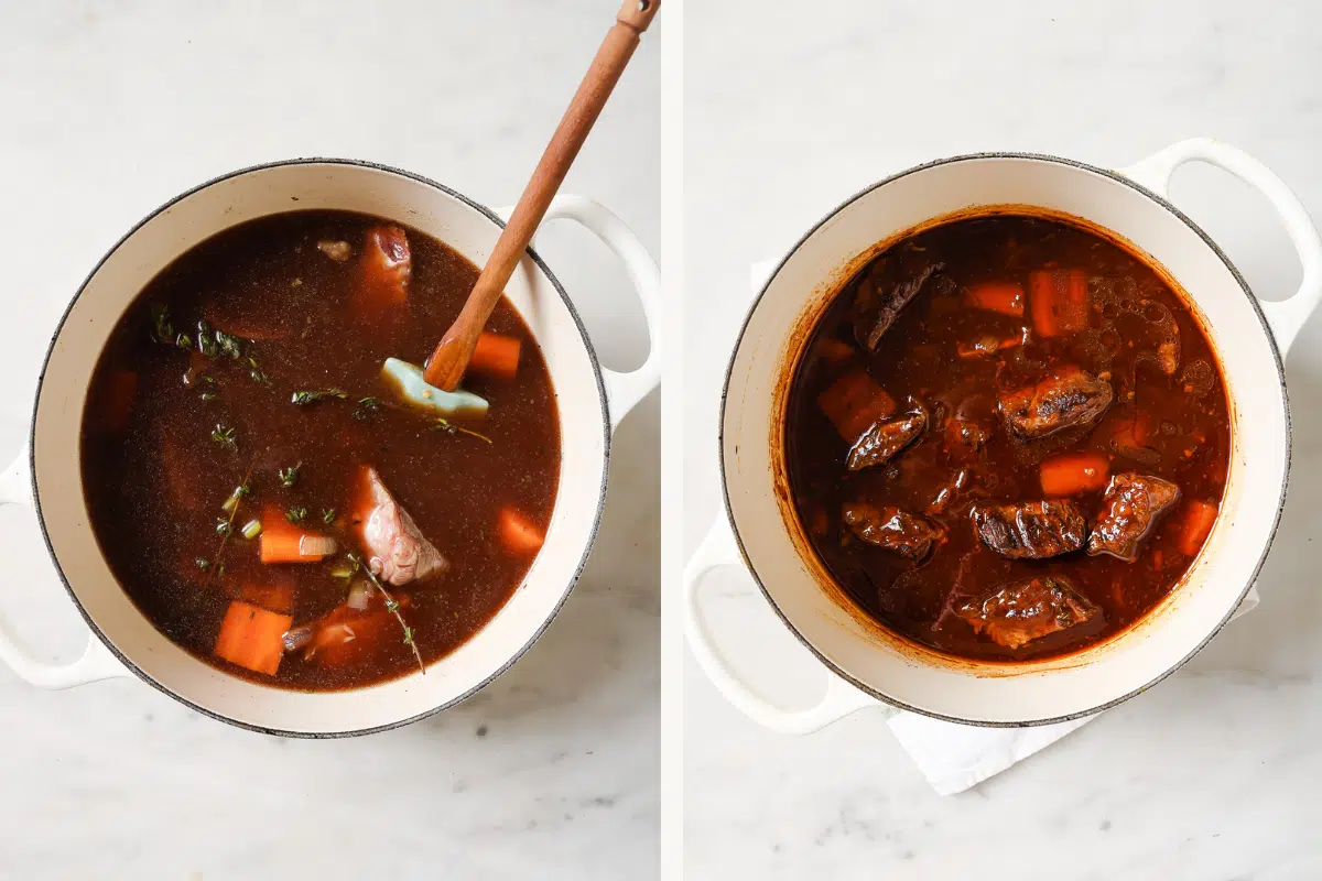 Left: all ingredients mixed together. Right: short ribs once they've braised. 