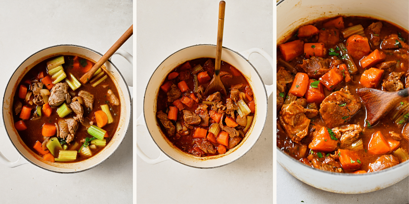 Left: all ingredients in a pot. Center: simmered stew. Right: a pot of finished stew. 