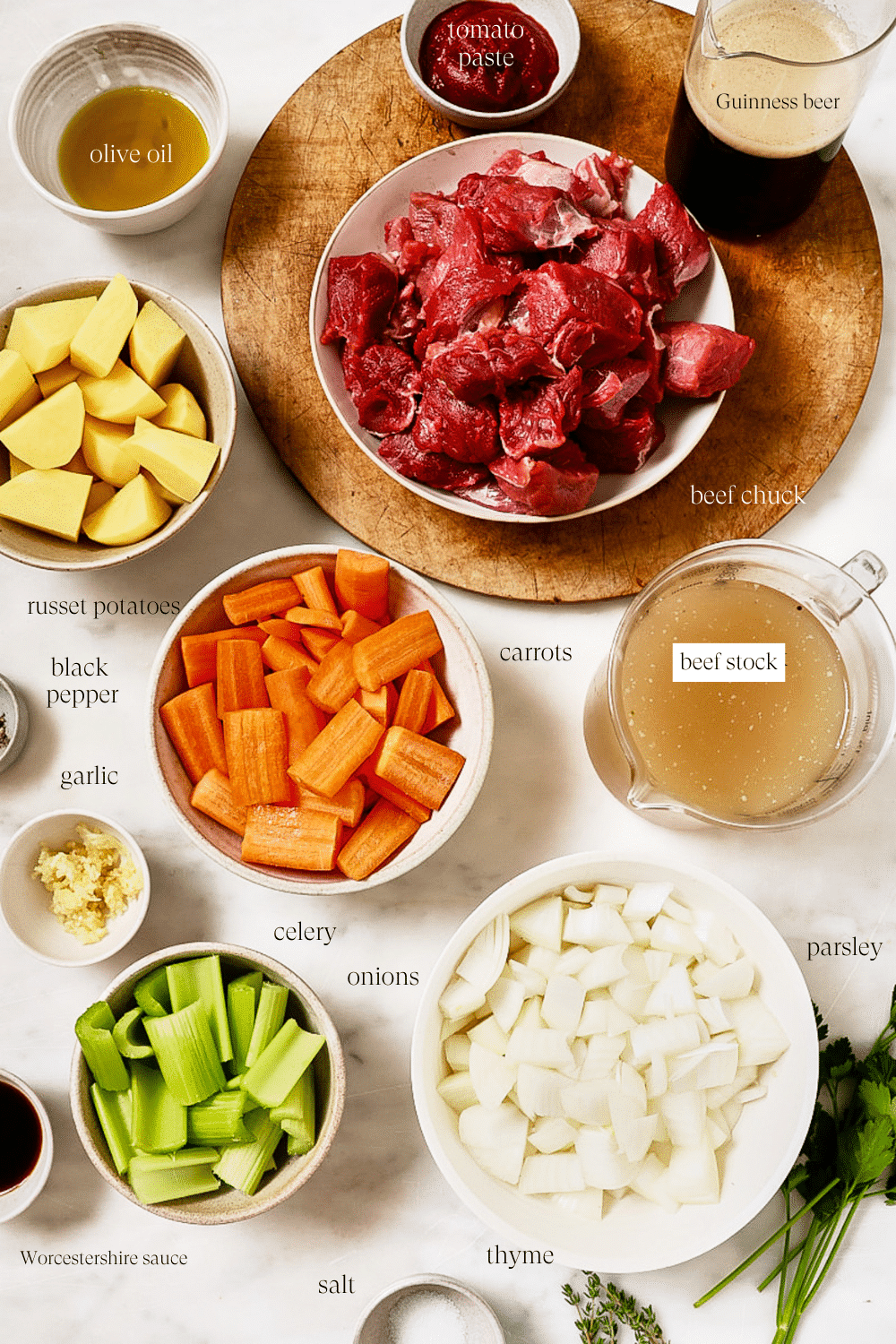 Pre-measured ingredients in small bowls. 