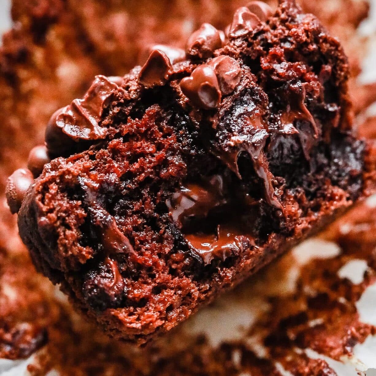 A low-carb chocolate muffin cut in half.