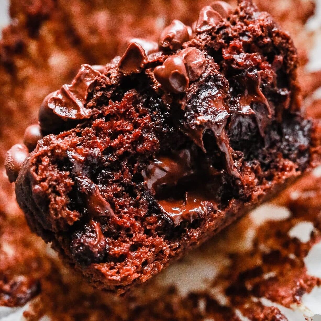 A low-carb chocolate muffin cut in half. 