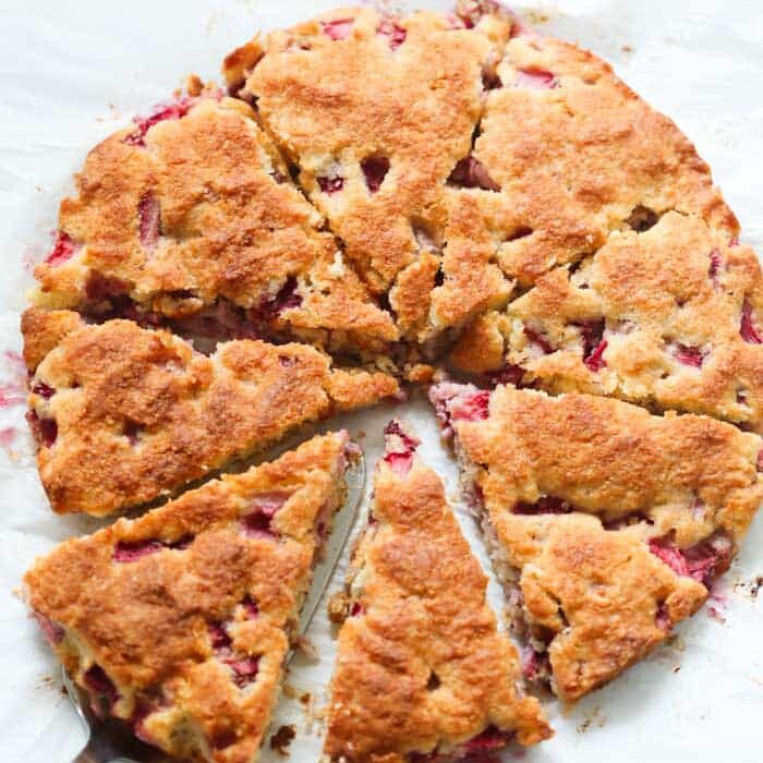 Low-Carb Strawberry Coconut Scones cut into triangles. 