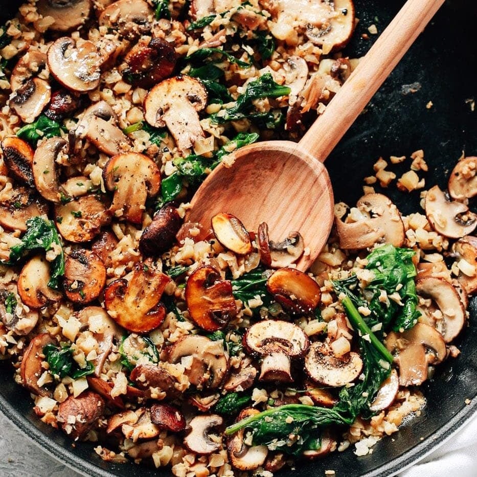 Close up of Cauliflower Rice in a skillet. 