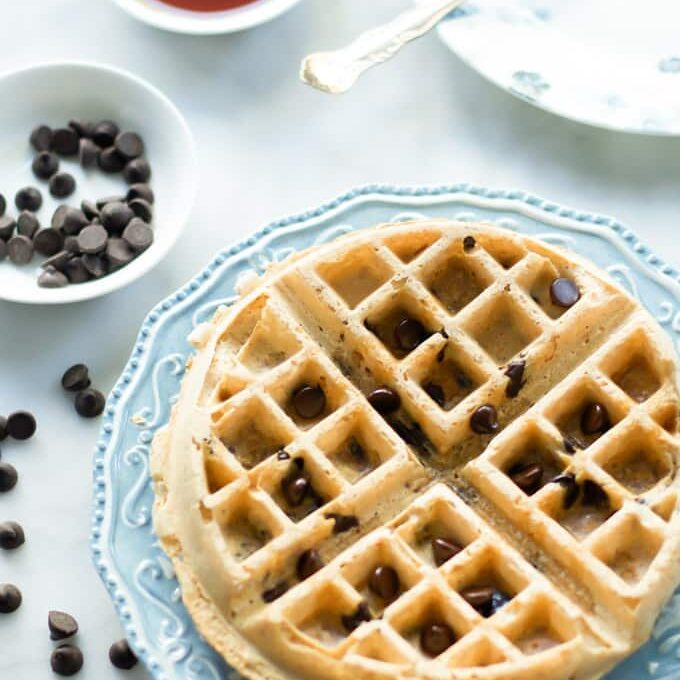 Almond Butter waffles with chocolate chips on top. 