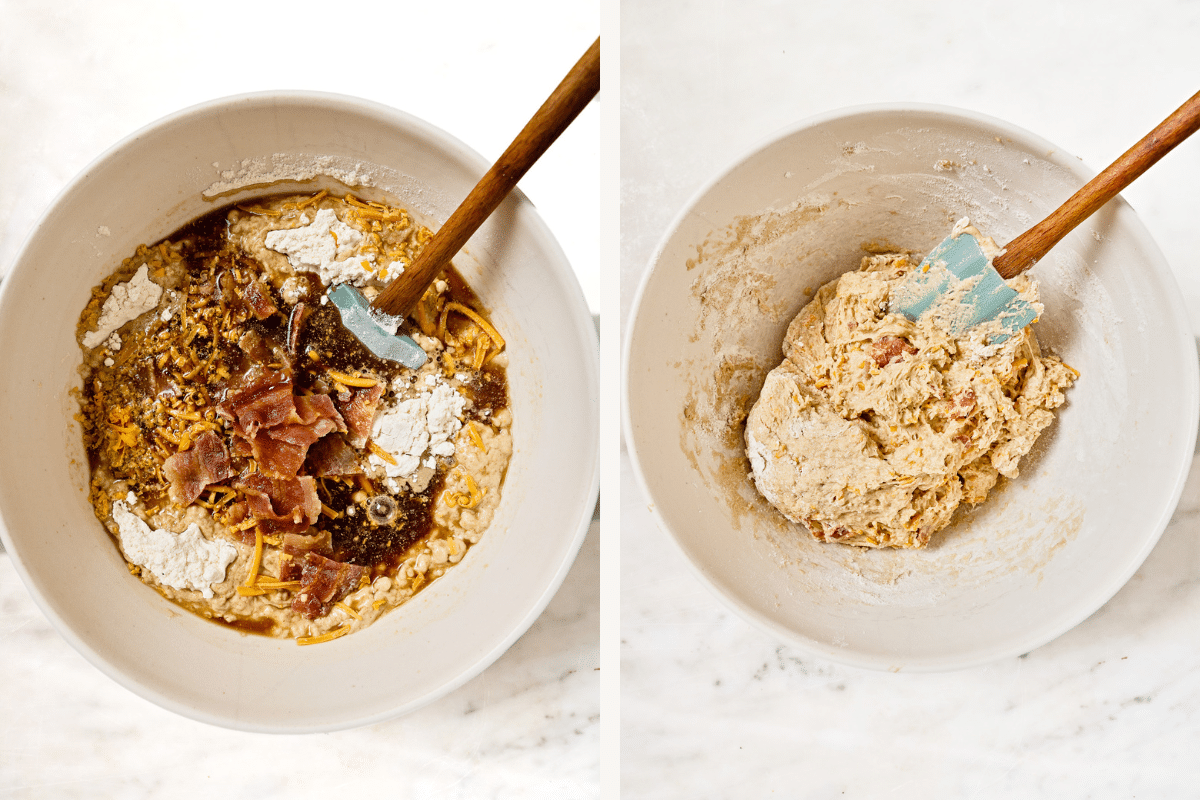 Left: ingredients in a mixing bowl. Right: Ingredients mixed together. 