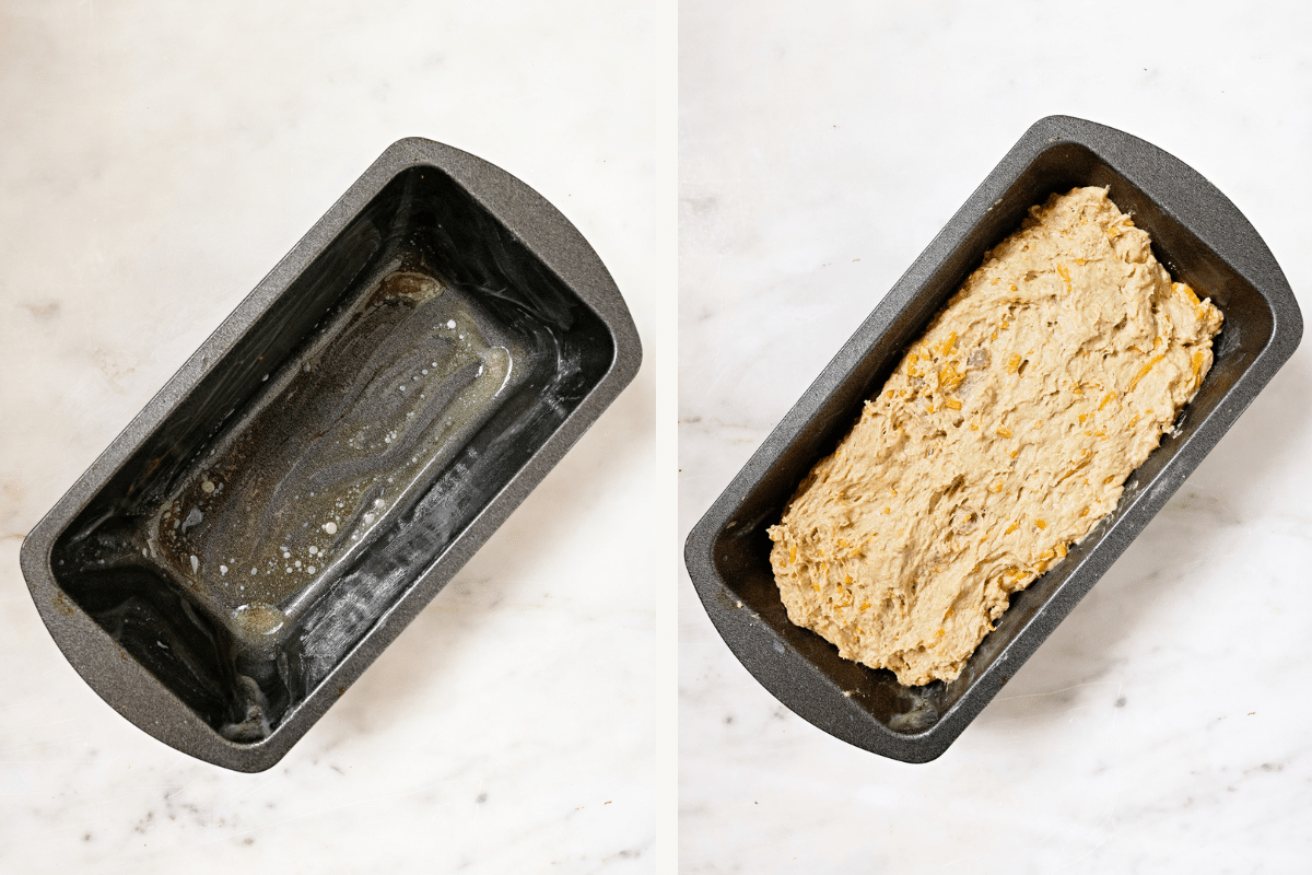Left: a greased bread pan. Right: bread dough in the pan. 