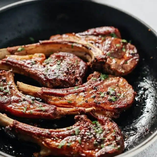overhead view of a white skillet containing lamb chops