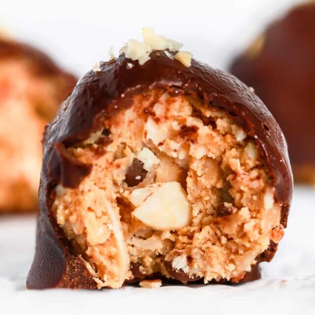 Low carb almond butter chocolate truffles cut in half