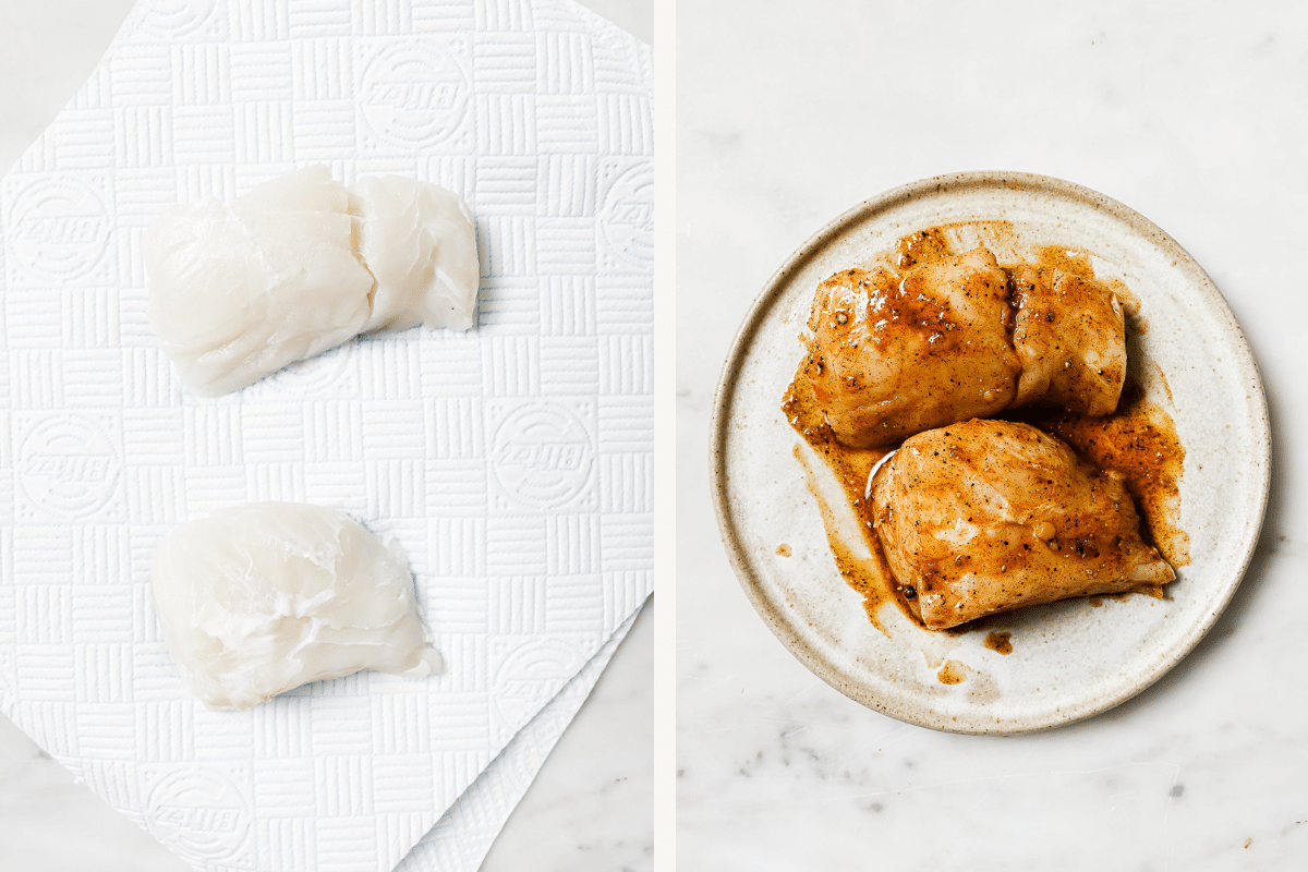 Left: cod on a paper towel. Right: seasoned cod on a plate.