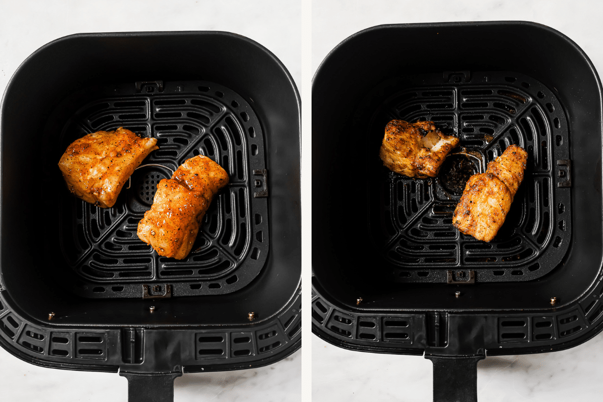 Left: uncooked cod in the air fryer. Right: cooked cod in the air fryer.