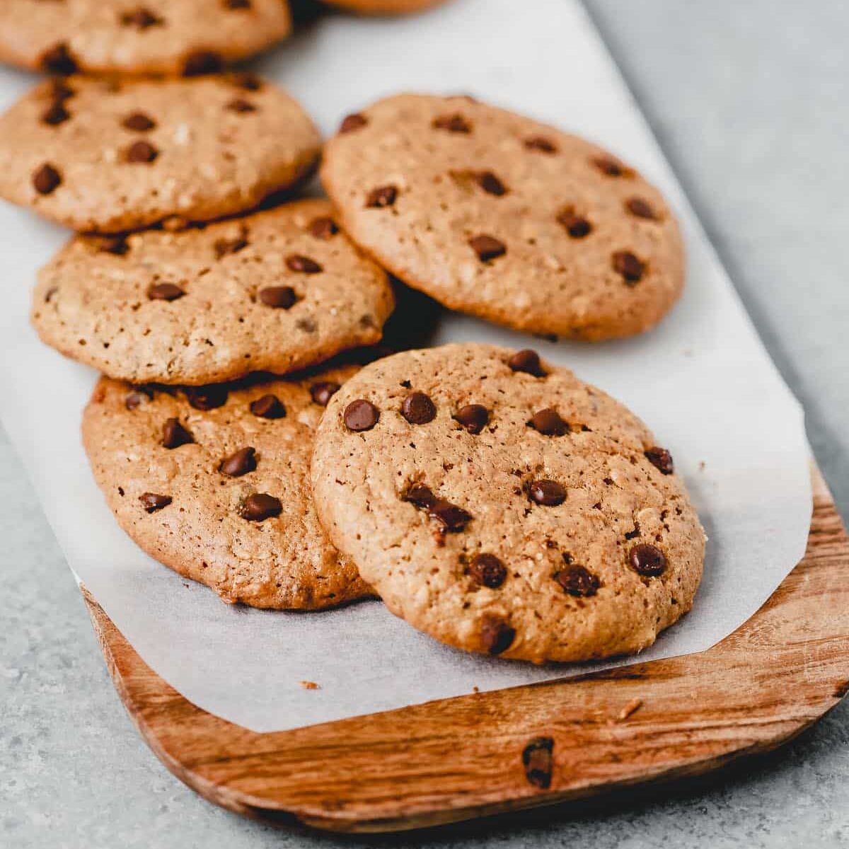 Almond butter cookies on a wooden board. 
