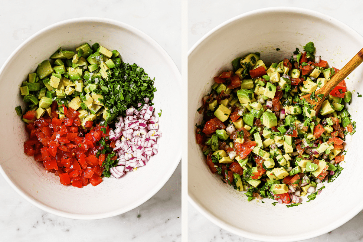 Left: avocado salsa ingredients in a bowl. Right: ingredients mixed together.