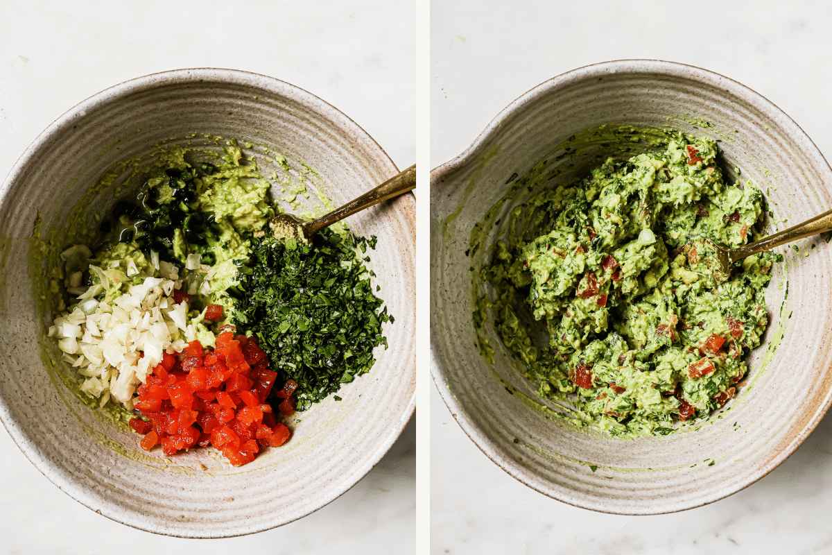Left: guacamole ingredients in a bowl. Right: guacamole mixed together.