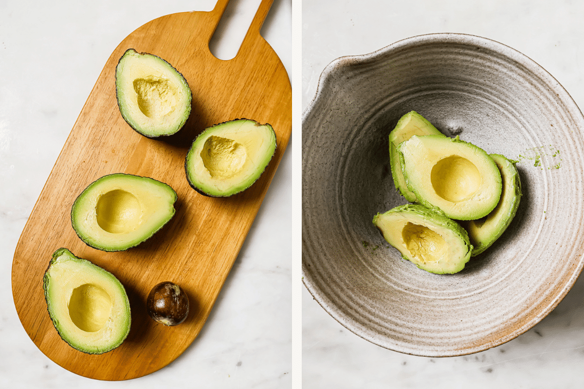 Left: avocados cut in half and pits removed. Right: Avocado fruit in a bowl.