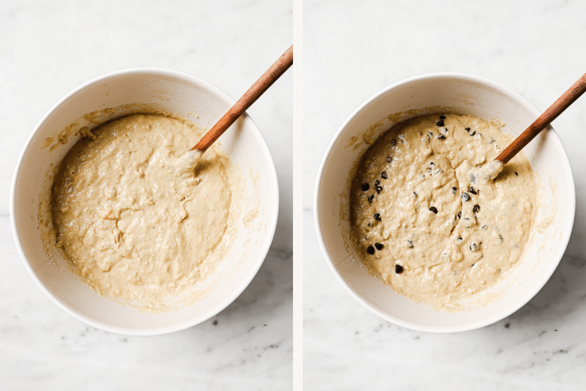 Left: batter in a bowl. Right: chocolate chips added. 