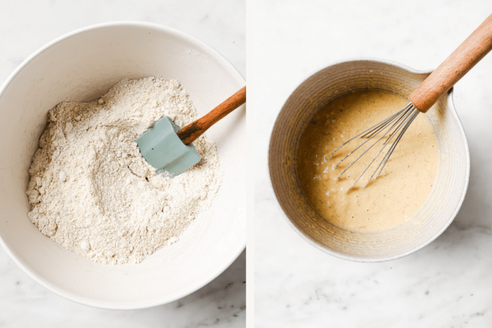 Left: dry ingredients stirred together. Right: wet ingredients whisked together.