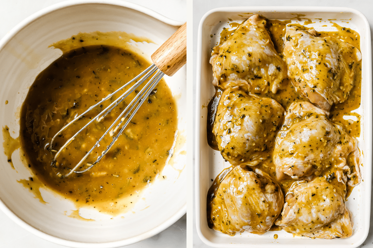 Left: honey mustard sauce in a bowl. Right: sauce poured over chicken thighs.