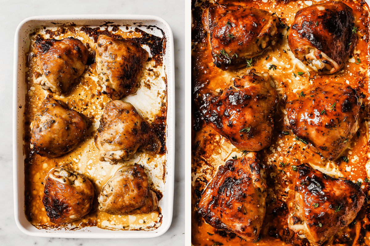 Left: cooked chicken thighs on a baking sheet. Right: Thighs after they’ve been broiled.
