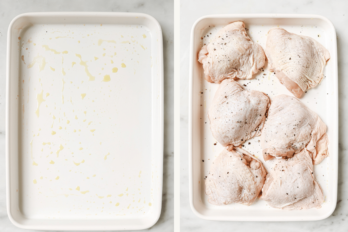 Left: prepared baking sheet. Right: chicken thighs arranged on the baking sheet.