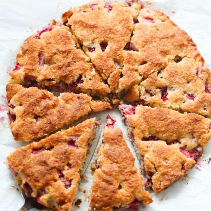 An overhead view of strawberry coconut scones. 