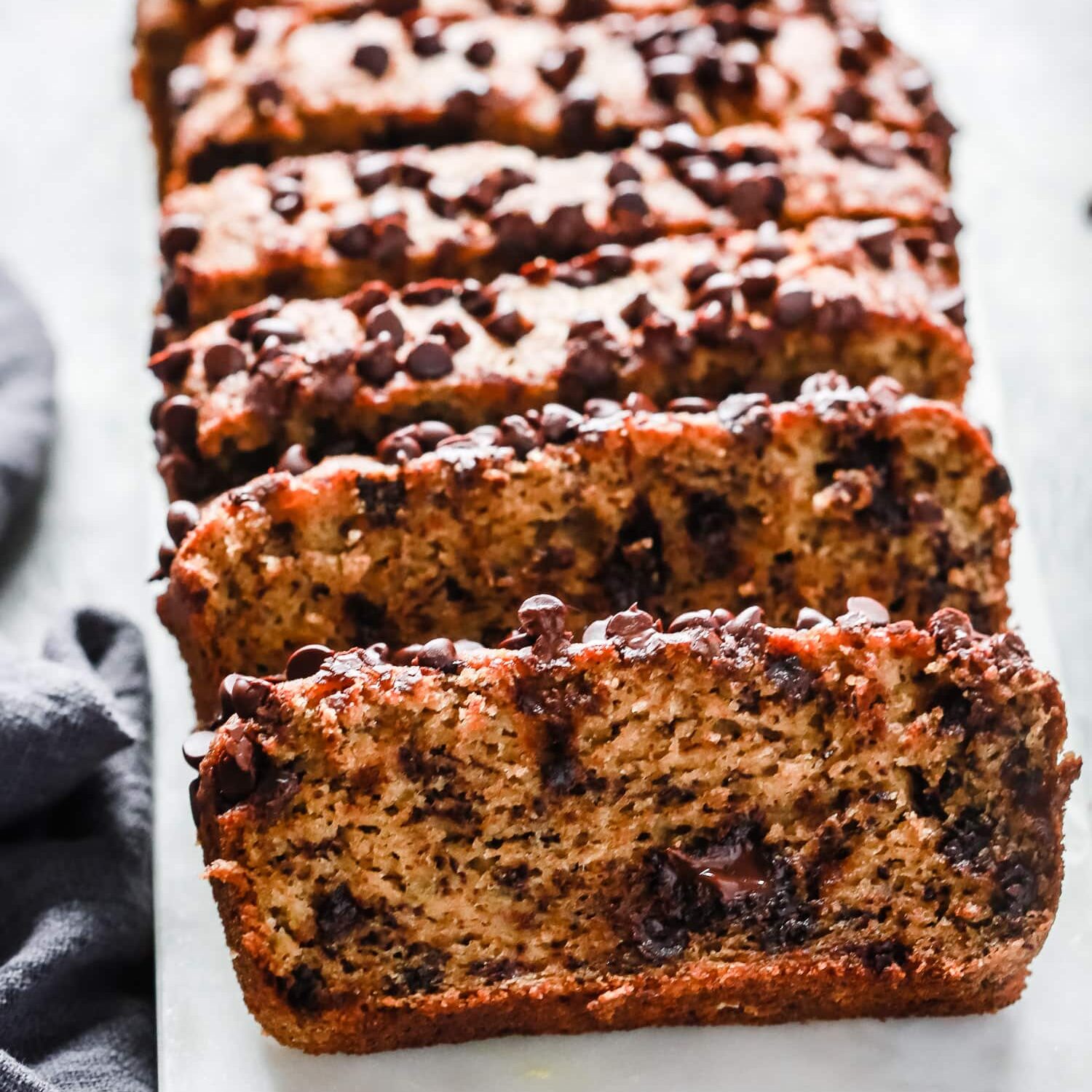 Paleo chocolate chip banana bread cut into slices. 