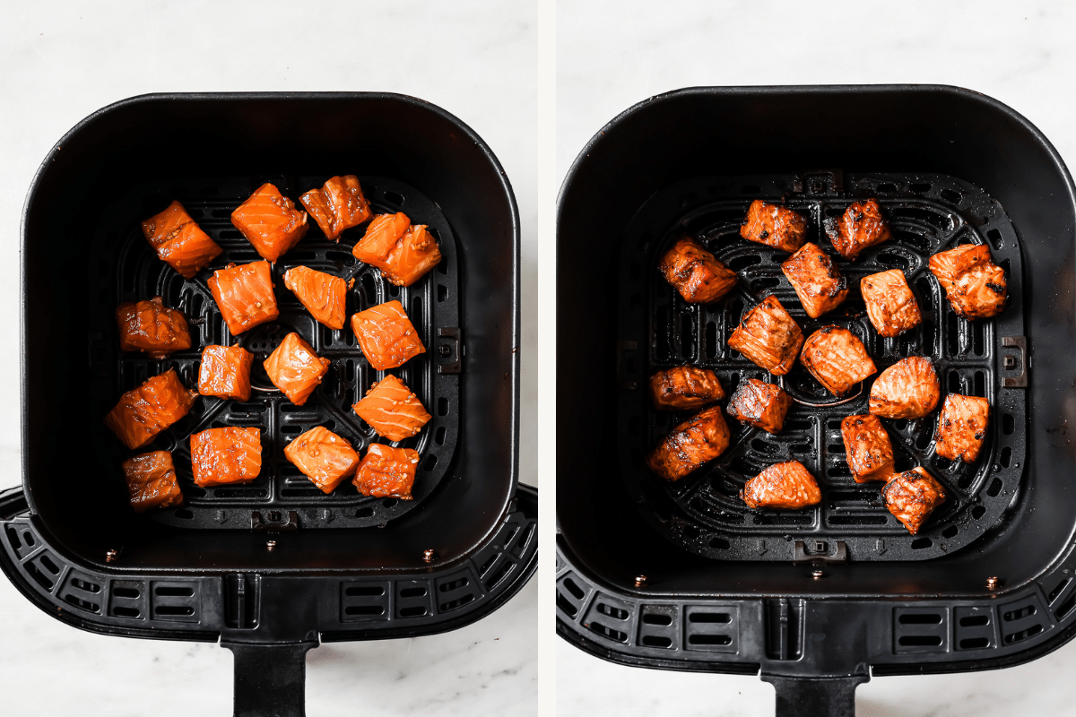 Left: uncooked salmon in the air fryer. Right: cooked salmon in the air fryer.