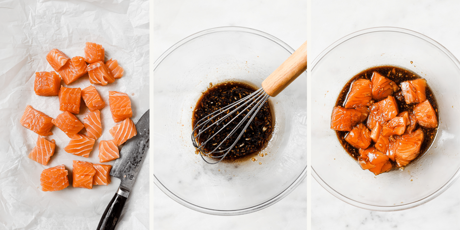 Left: salmon cut into pieces. Center. marinade in a bowl. Right: salmon pieces marinating.