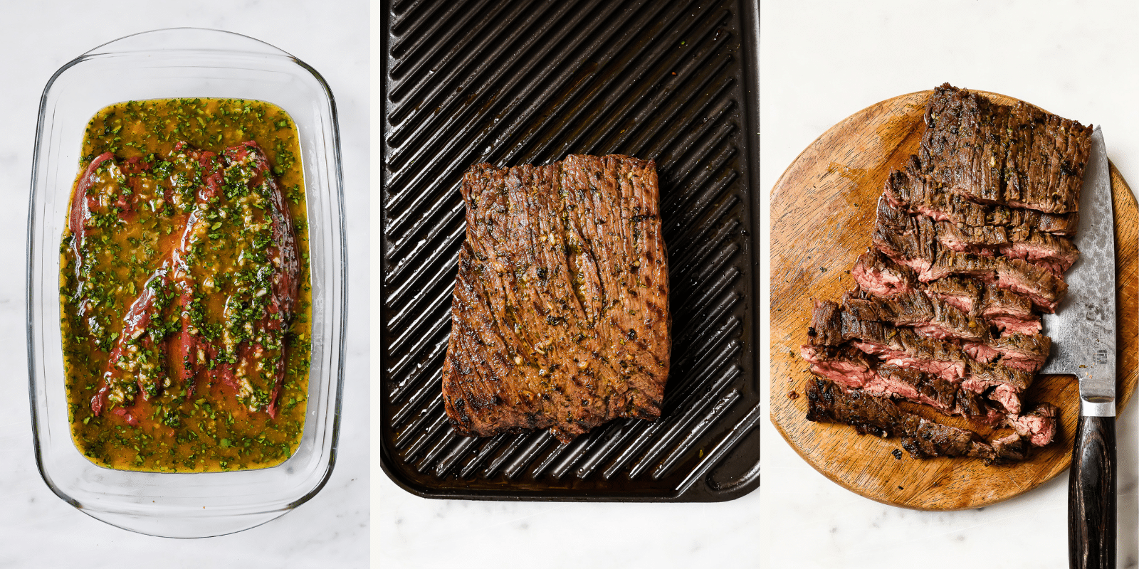 Left: steak marinating. Center: on the grill. Right: sliced on a cutting board.